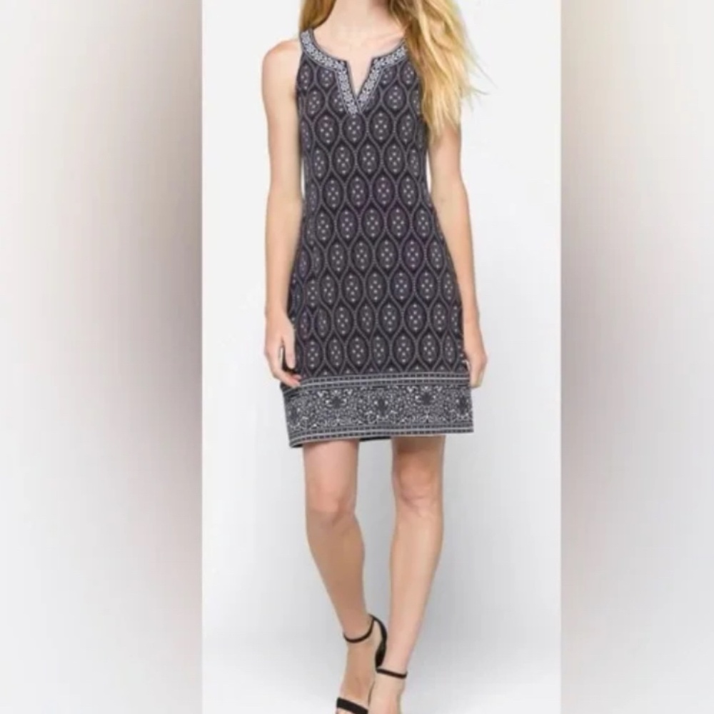 Magnolia Grace embroidered trim knit dress size S Black White Gray Geometric